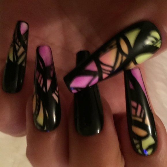 Neon yellow/orange n pink tribal press on nails - Picture 6 of 9